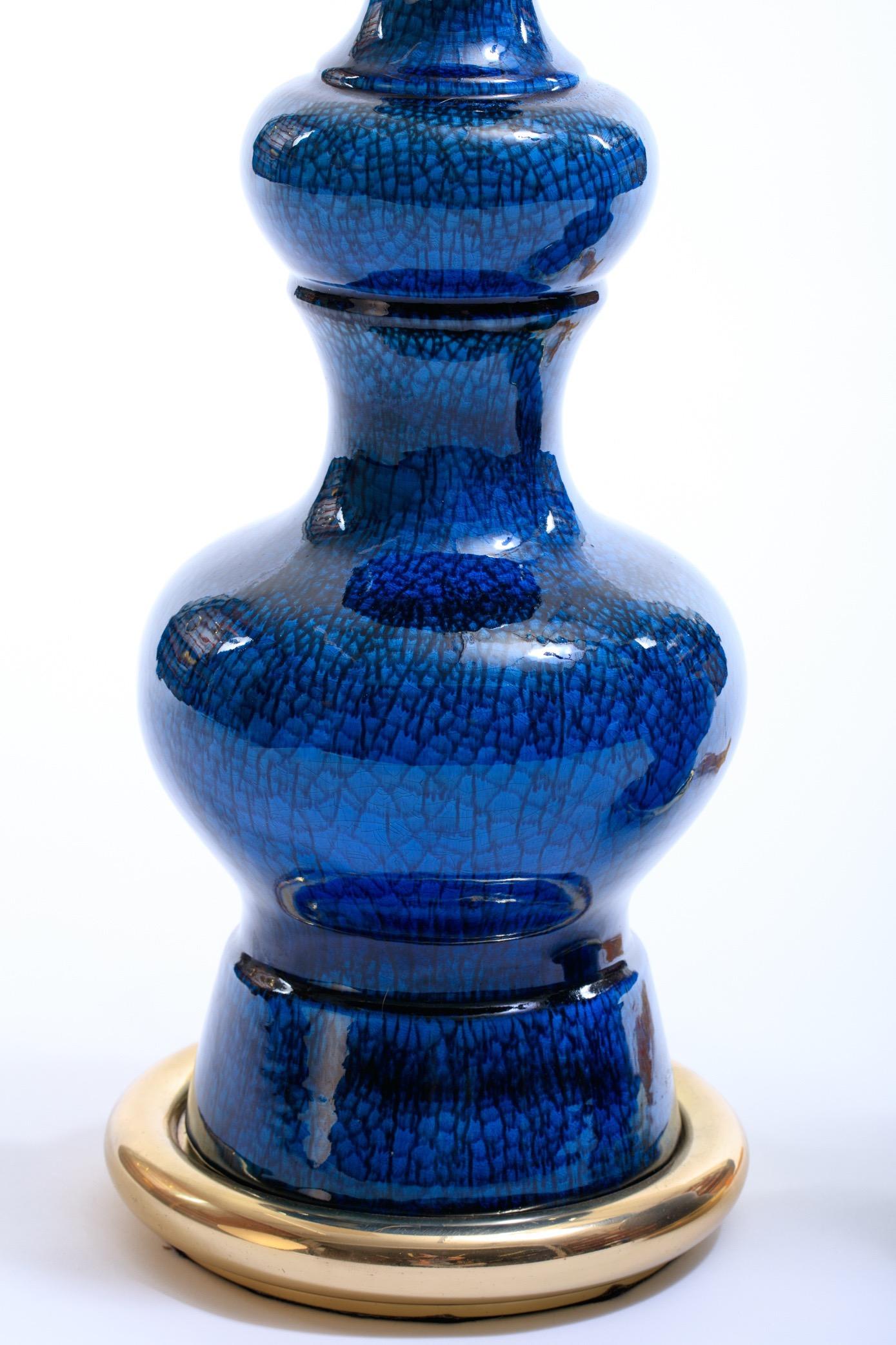 Pair of 1960s Blue Ceramic and Brass Stiffel Lamps in Asian Modern Style