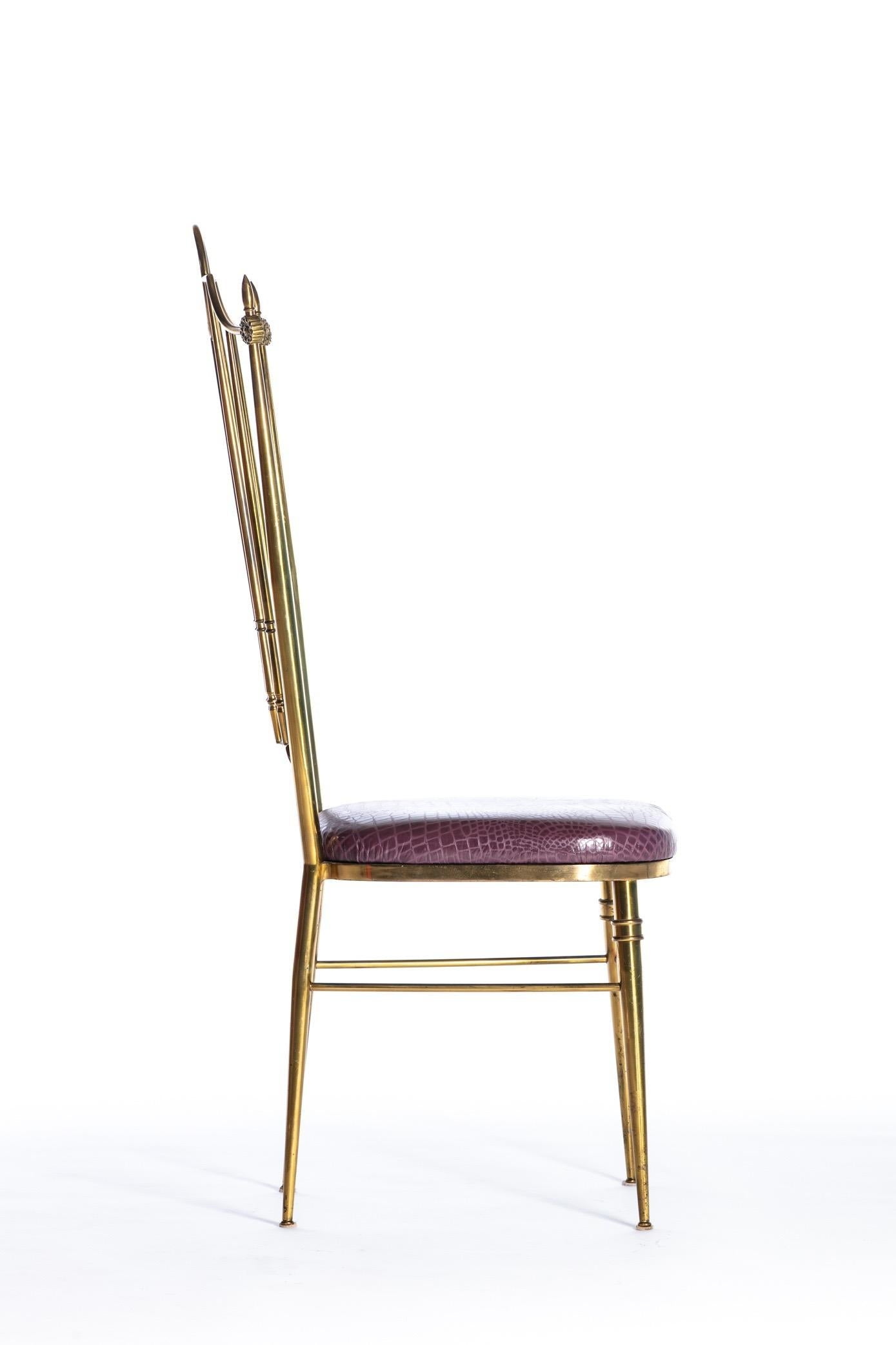 Pair of Italian Brass Chiavari Side Chairs with Aubergine Crocodile Leather