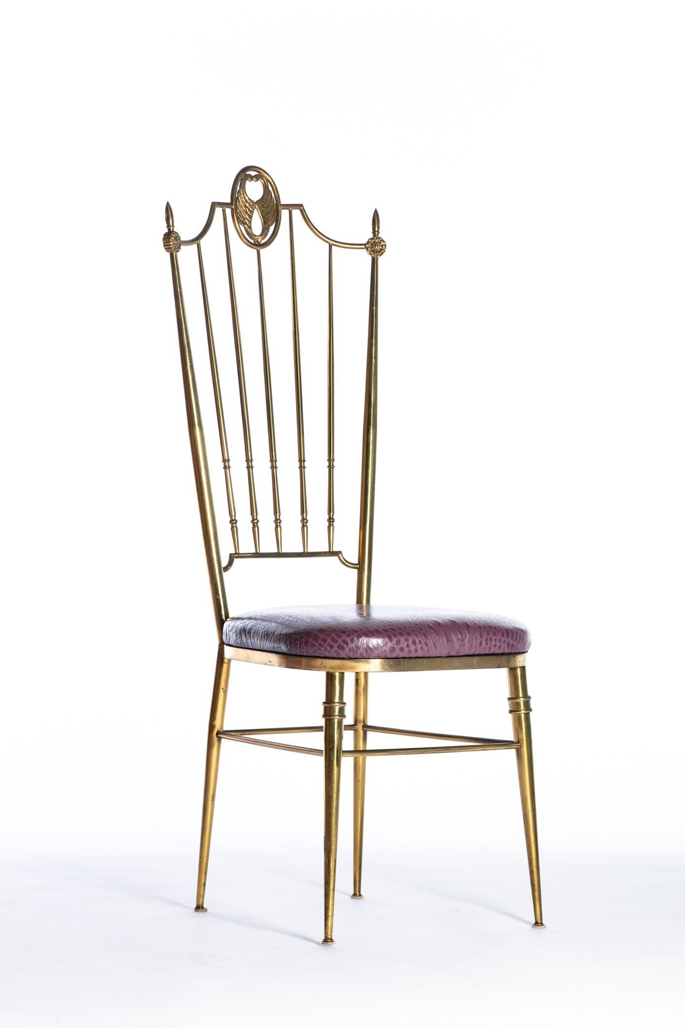 Pair of Italian Brass Chiavari Side Chairs with Aubergine Crocodile Leather