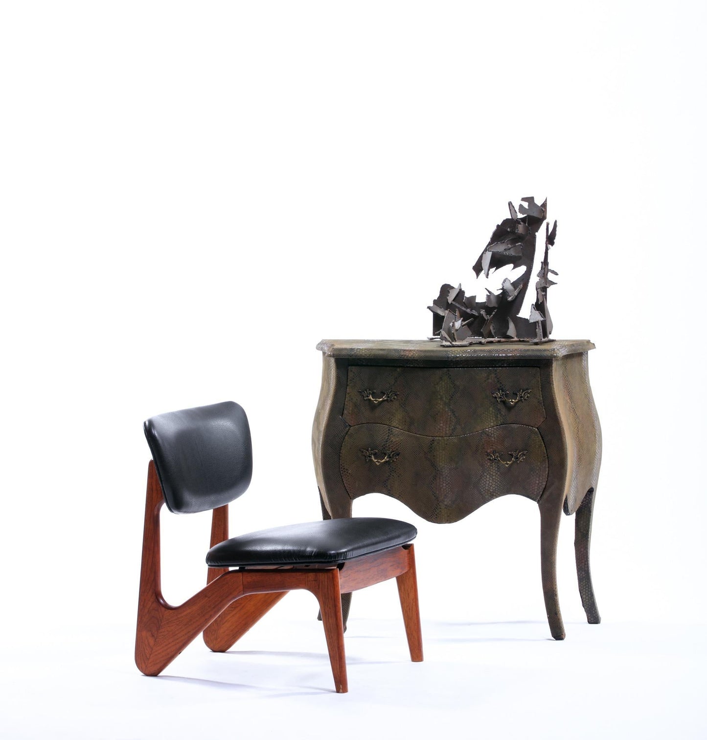 Louis XV Style Bombé Commode Wrapped in Olive Green Faux Snakeskin