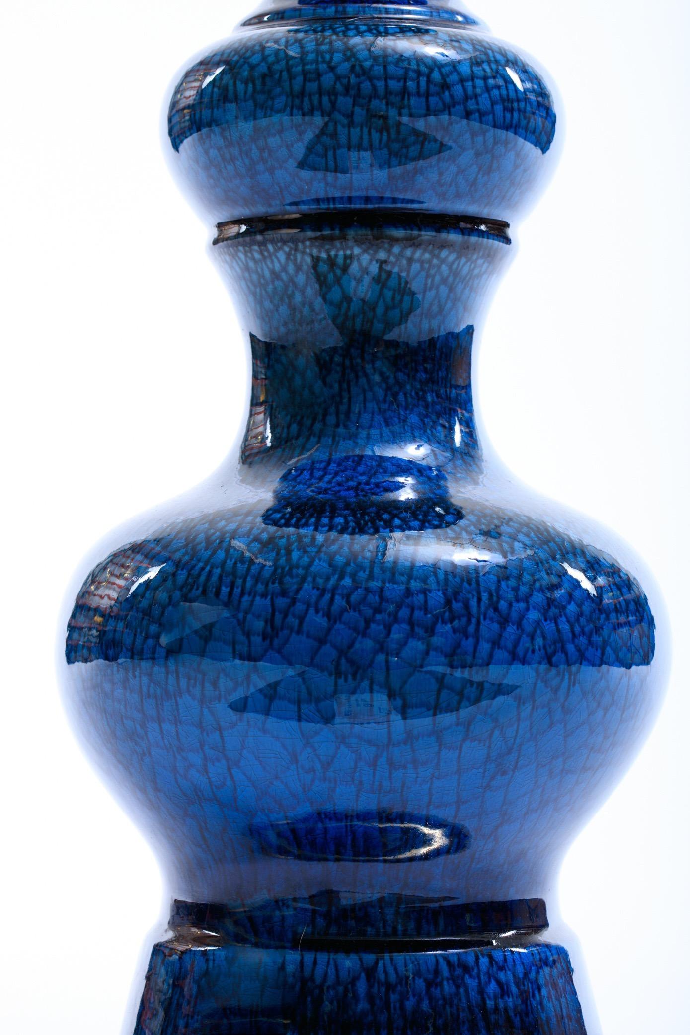 Pair of 1960s Blue Ceramic and Brass Stiffel Lamps in Asian Modern Style