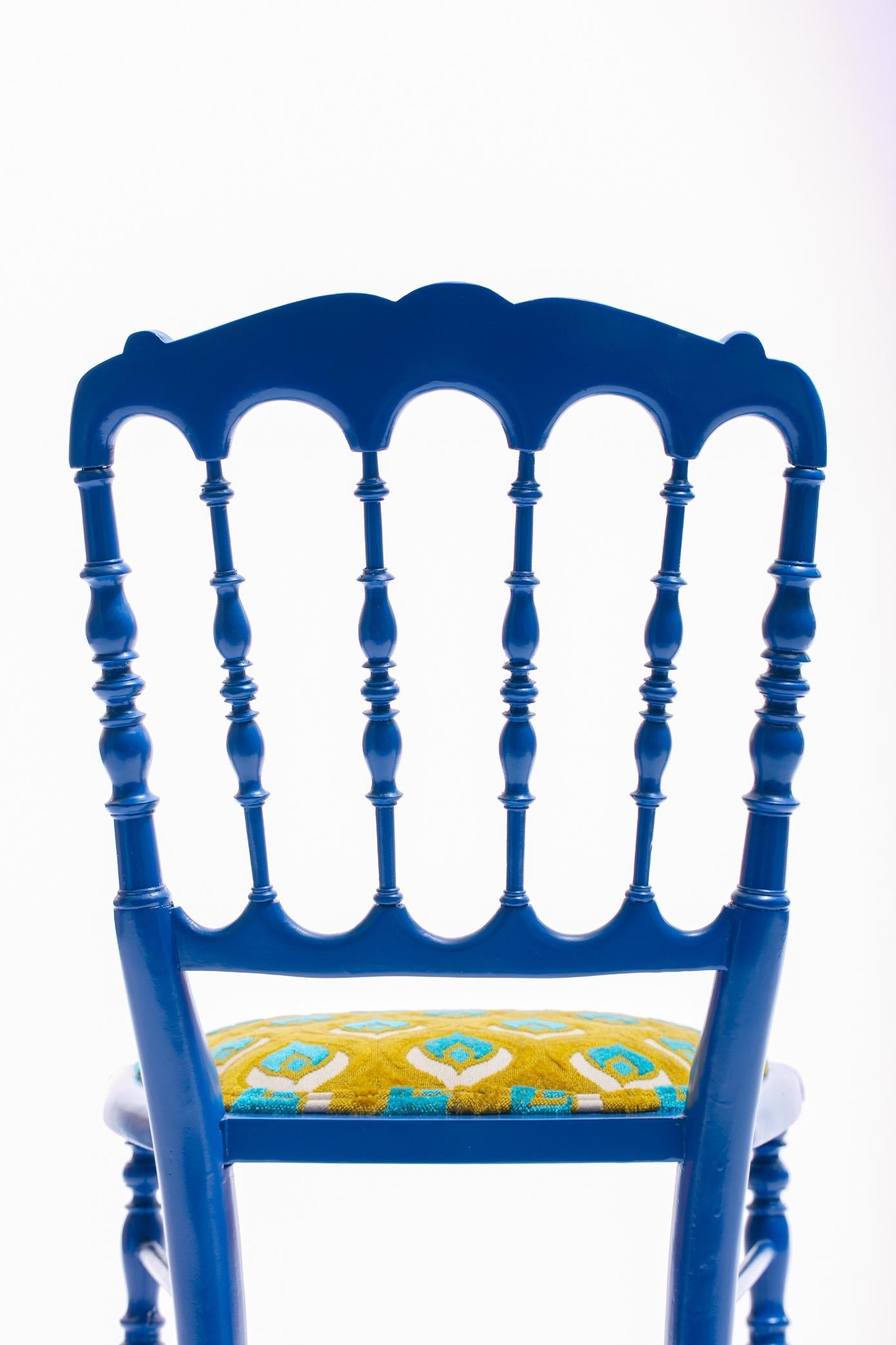 Blue Lacquered Chiavari Side Chair with Peacock Feathers in Cut Velvet