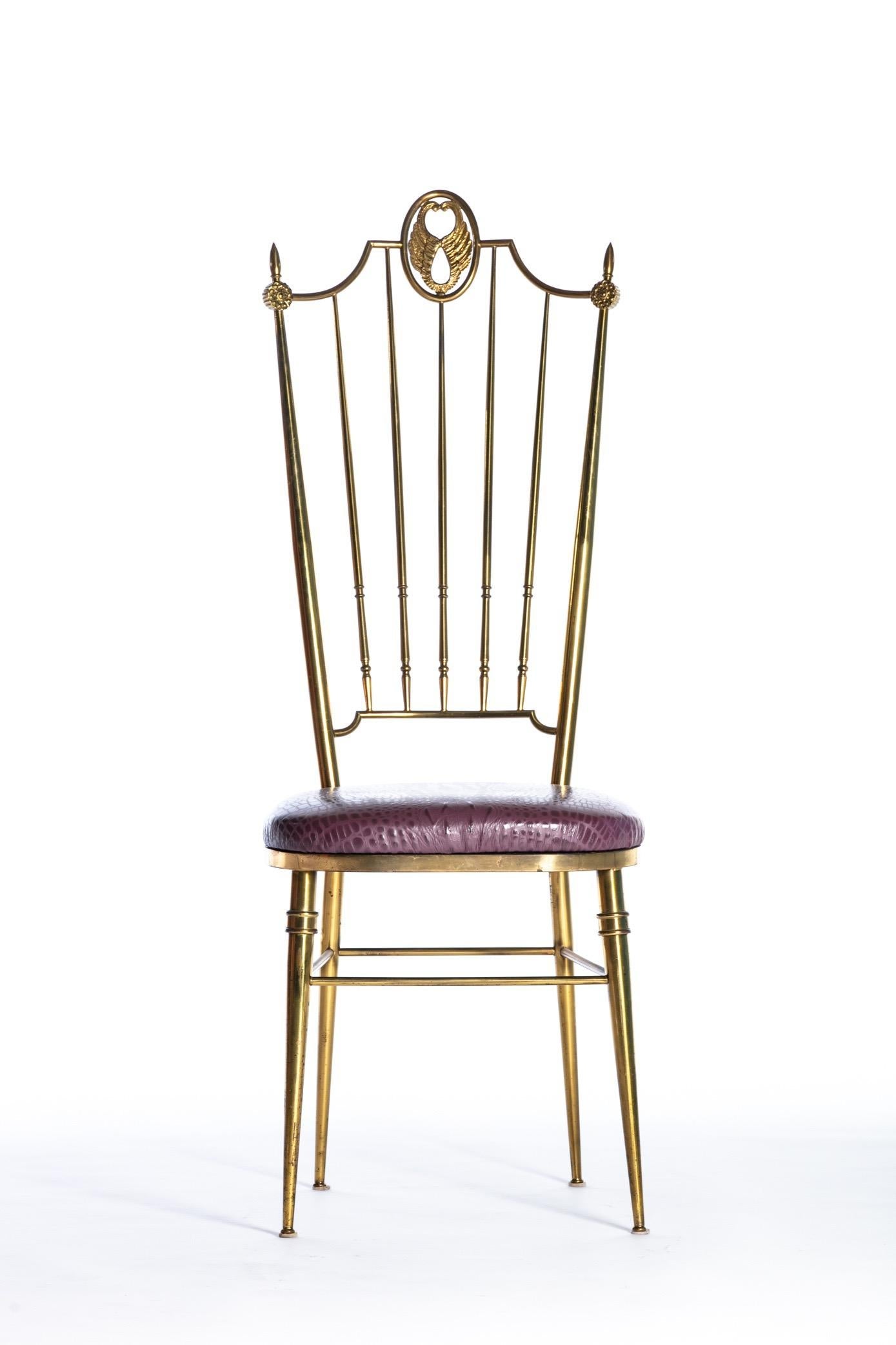 Pair of Italian Brass Chiavari Side Chairs with Aubergine Crocodile Leather