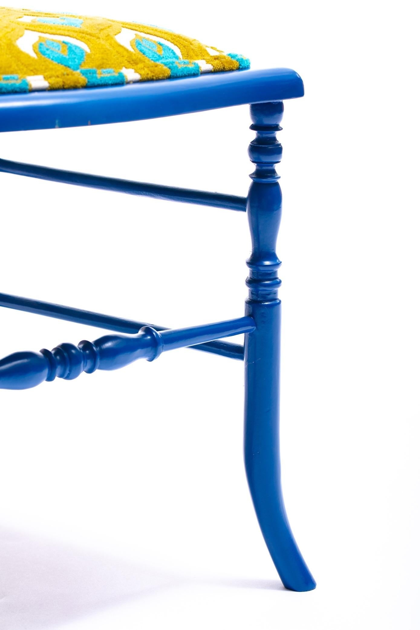 Blue Lacquered Chiavari Side Chair with Peacock Feathers in Cut Velvet