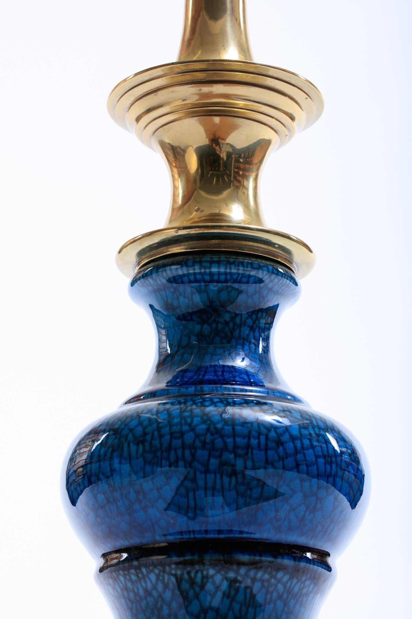 Pair of 1960s Blue Ceramic and Brass Stiffel Lamps in Asian Modern Style