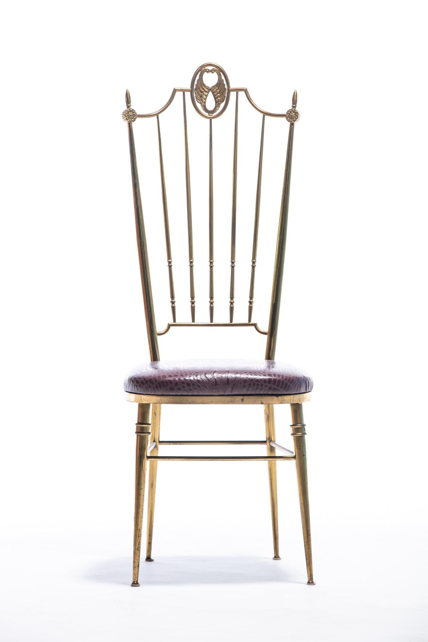 Pair of Italian Brass Chiavari Side Chairs with Aubergine Crocodile Leather