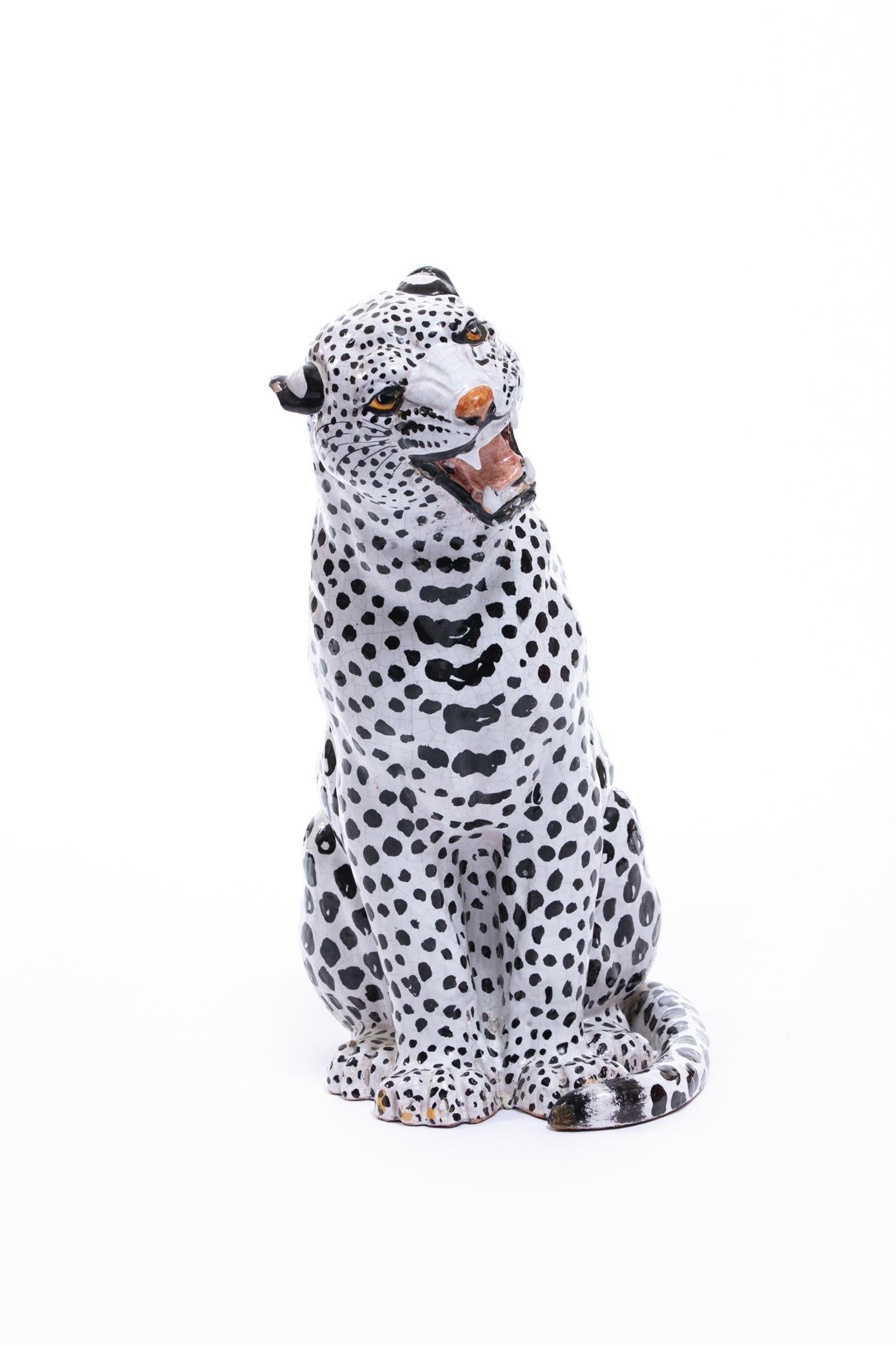 Italian Hollywood Regency Hand Painted Ceramic White Snow Leopard, circa 1960