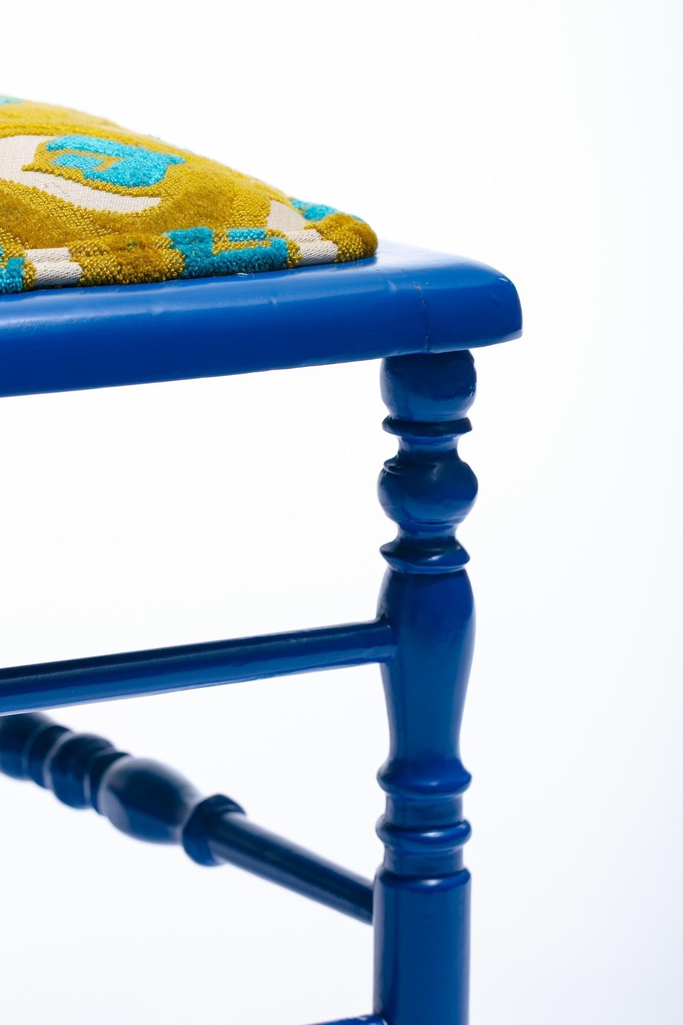 Blue Lacquered Chiavari Side Chair with Peacock Feathers in Cut Velvet