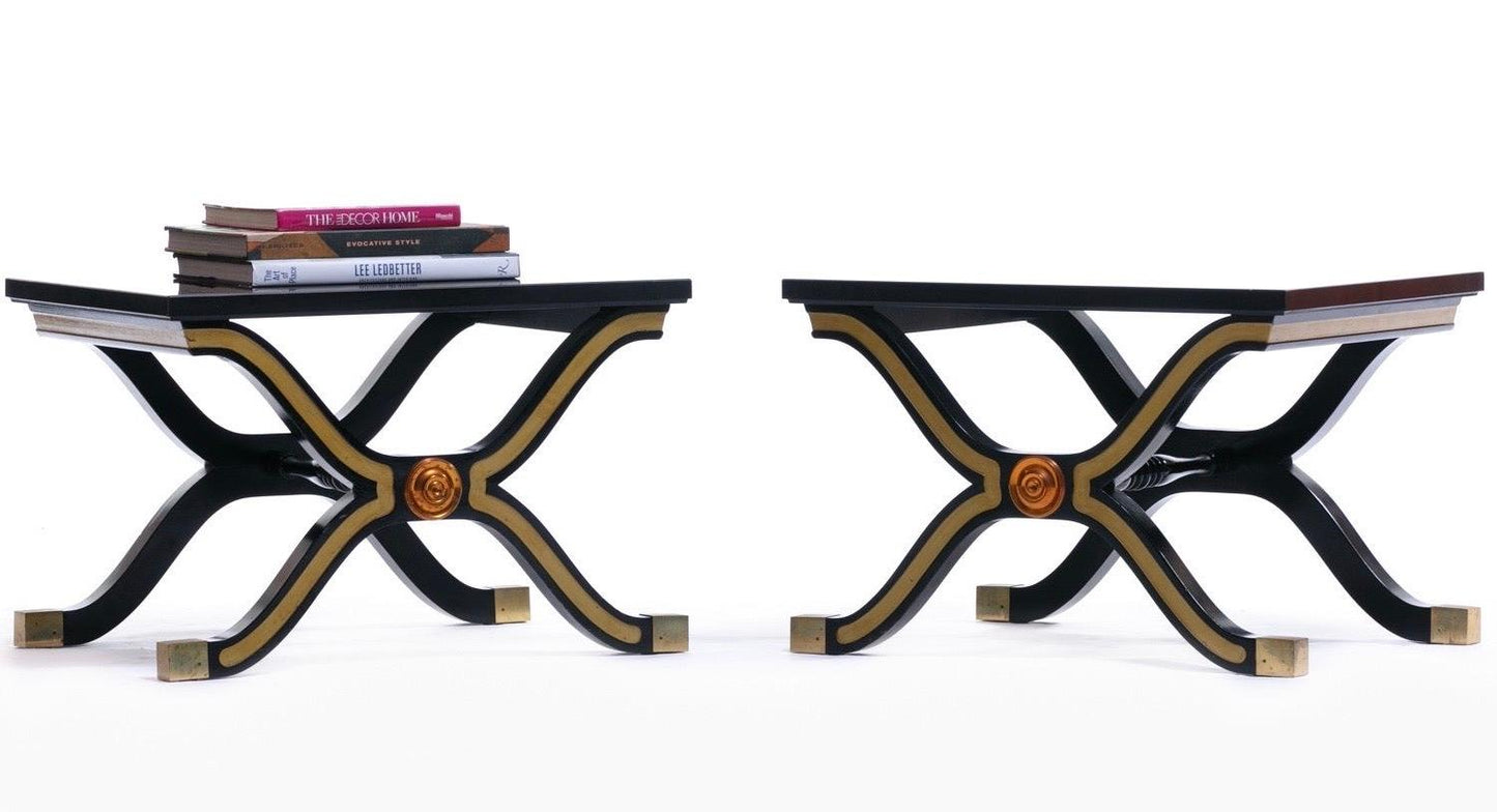 Pair of Dorothy Draper España Side Tables in Original Black and Gold Lacquer