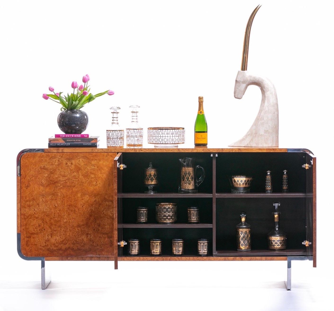 Pace Burl Wood and Chrome Credenza by Leon Rosen, circa 1974