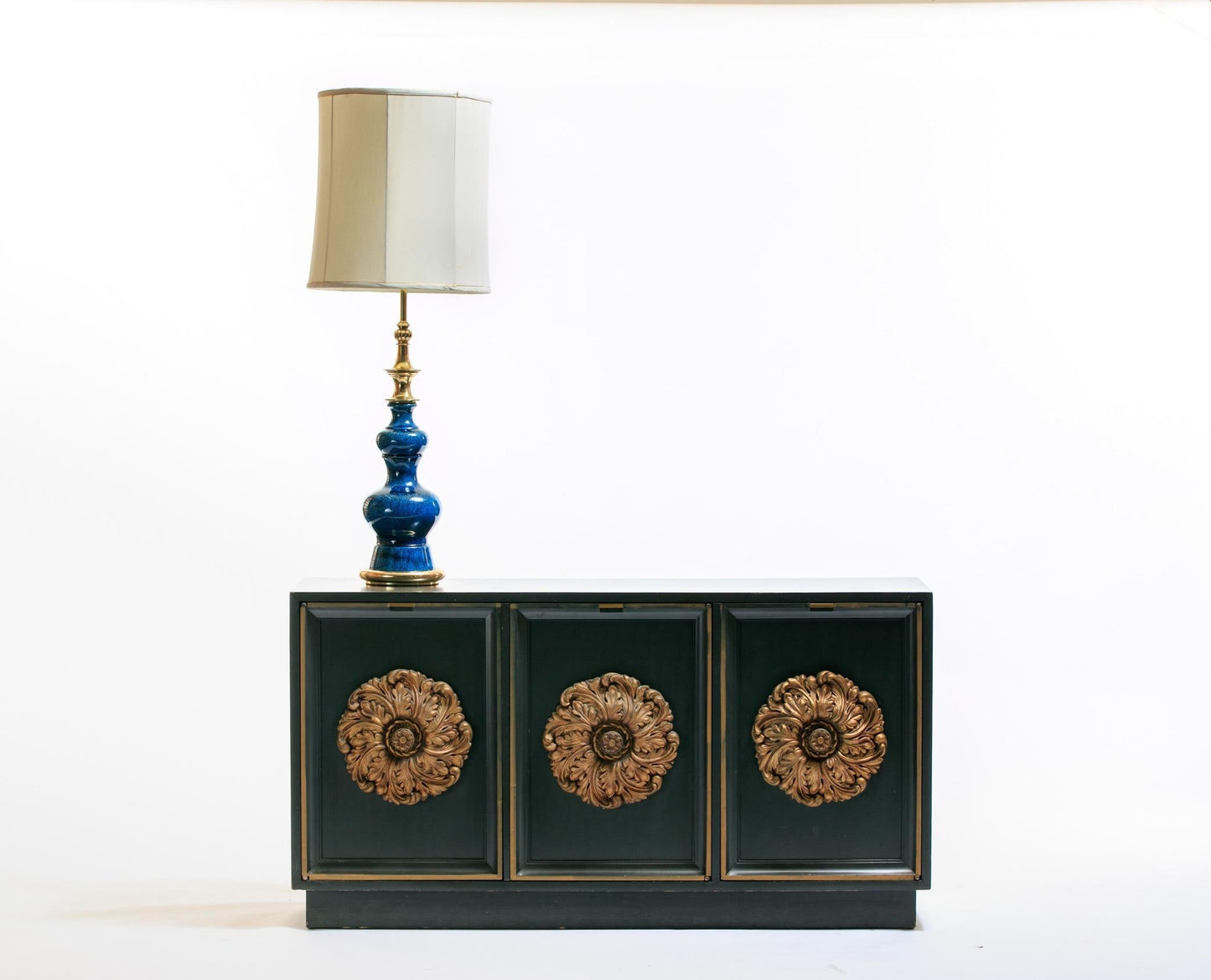 Pair of 1960s Blue Ceramic and Brass Stiffel Lamps in Asian Modern Style