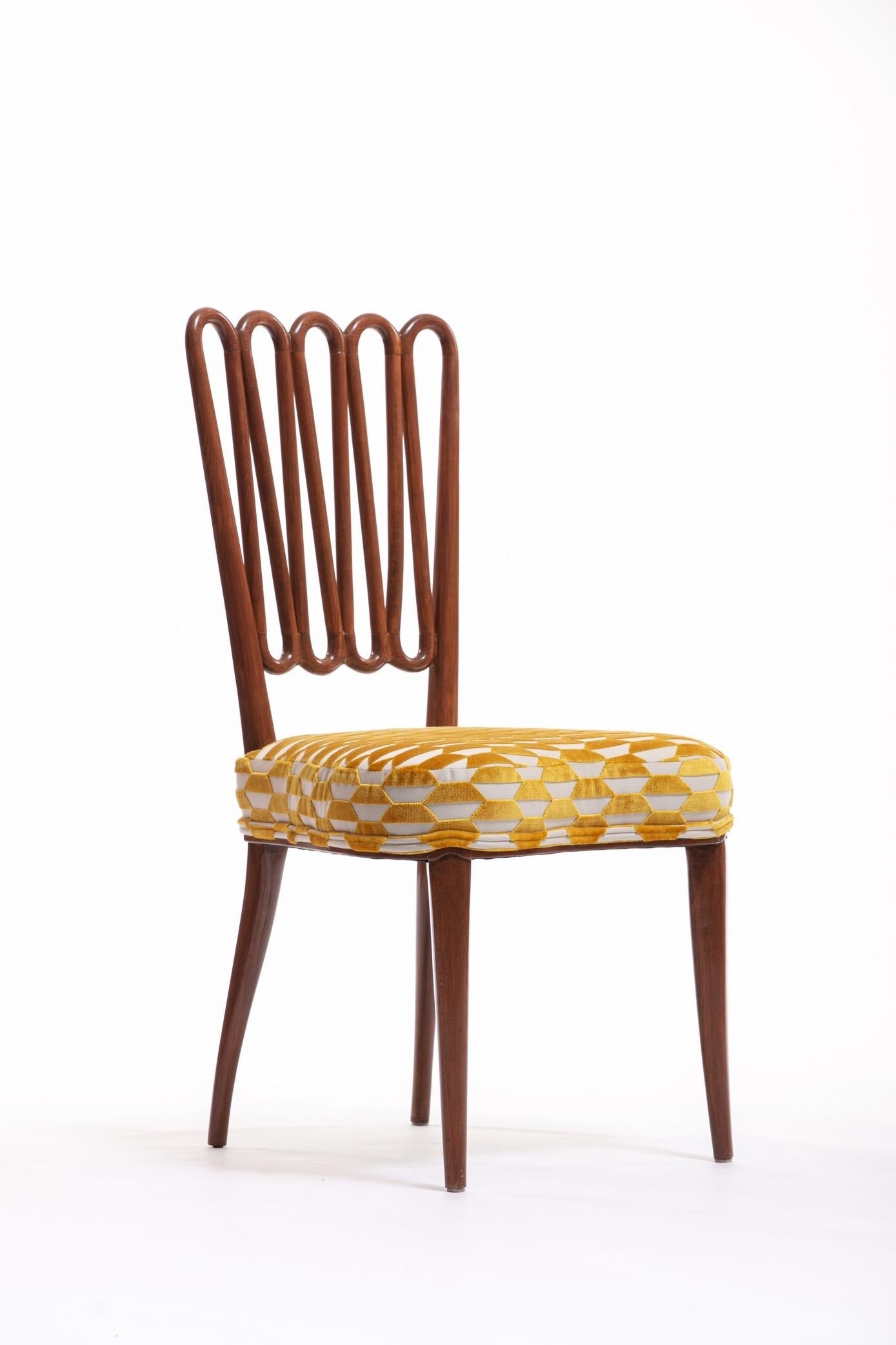 Italian Midcentury Side Chair after Gio Ponti with Gold and Ivory Cut Velvet