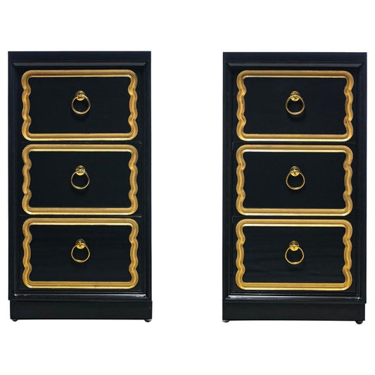 Dorothy Draper Style Pair of Custom Night Stands in Black Bean & Gold