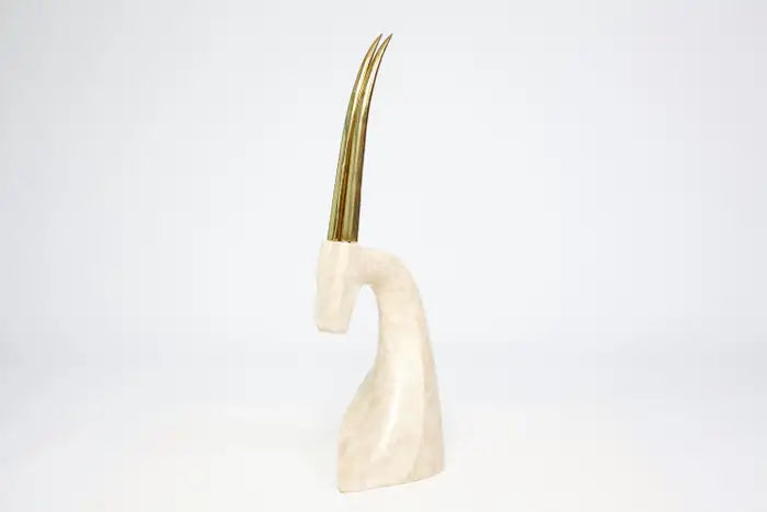 Karl Springer Style Tessellated Travertine and Brass Gazelle Sculpture