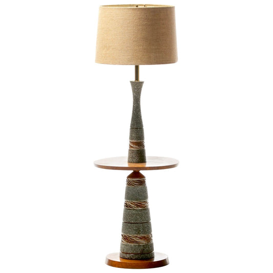 Gordon & Jane Martz Glazed Brown Gray Ceramic & Walnut Floor Lamp, circa 1955