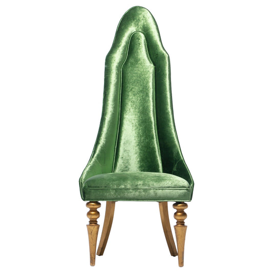 Hollywood Regency High Back “Lipstick” Chair in Green Velvet and Gold Leaf