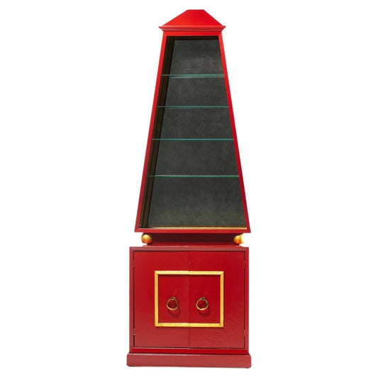 Hollywood Regency Obelisk Cabinet Finished in Red Lacquer & Gold Leaf circa 1960