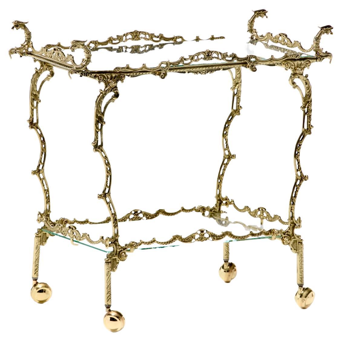 Hollywood Regency Ornate Chinoiserie Polished Brass Bar Cart c. 1955