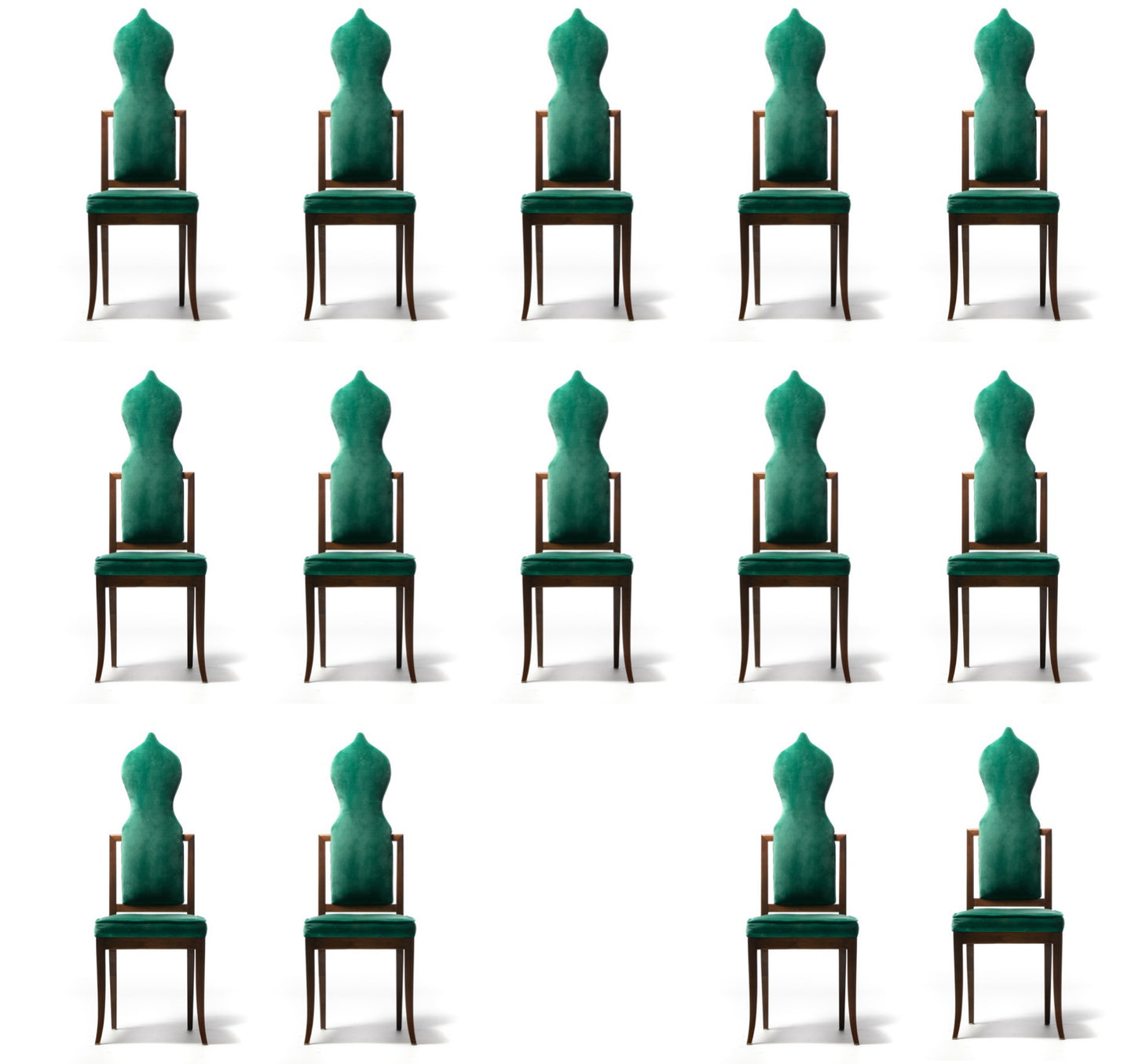 Set of 14 Tommi Parzinger Style Dining Chairs in Green Velvet with Walnut Frames