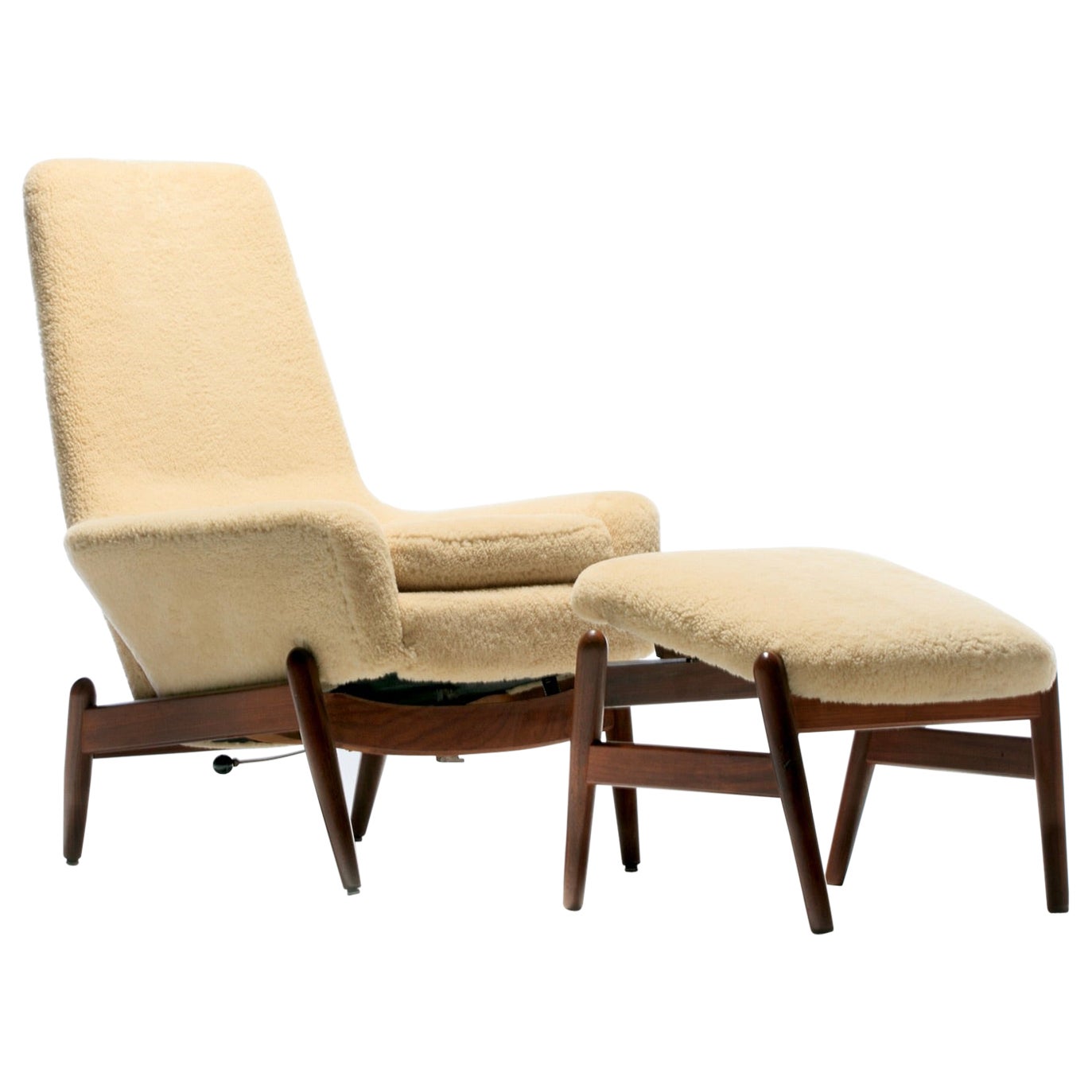 Ib Kofod Larsen Oatmeal Sheepskin & Walnut Reclining Lounge Chair & Ottoman