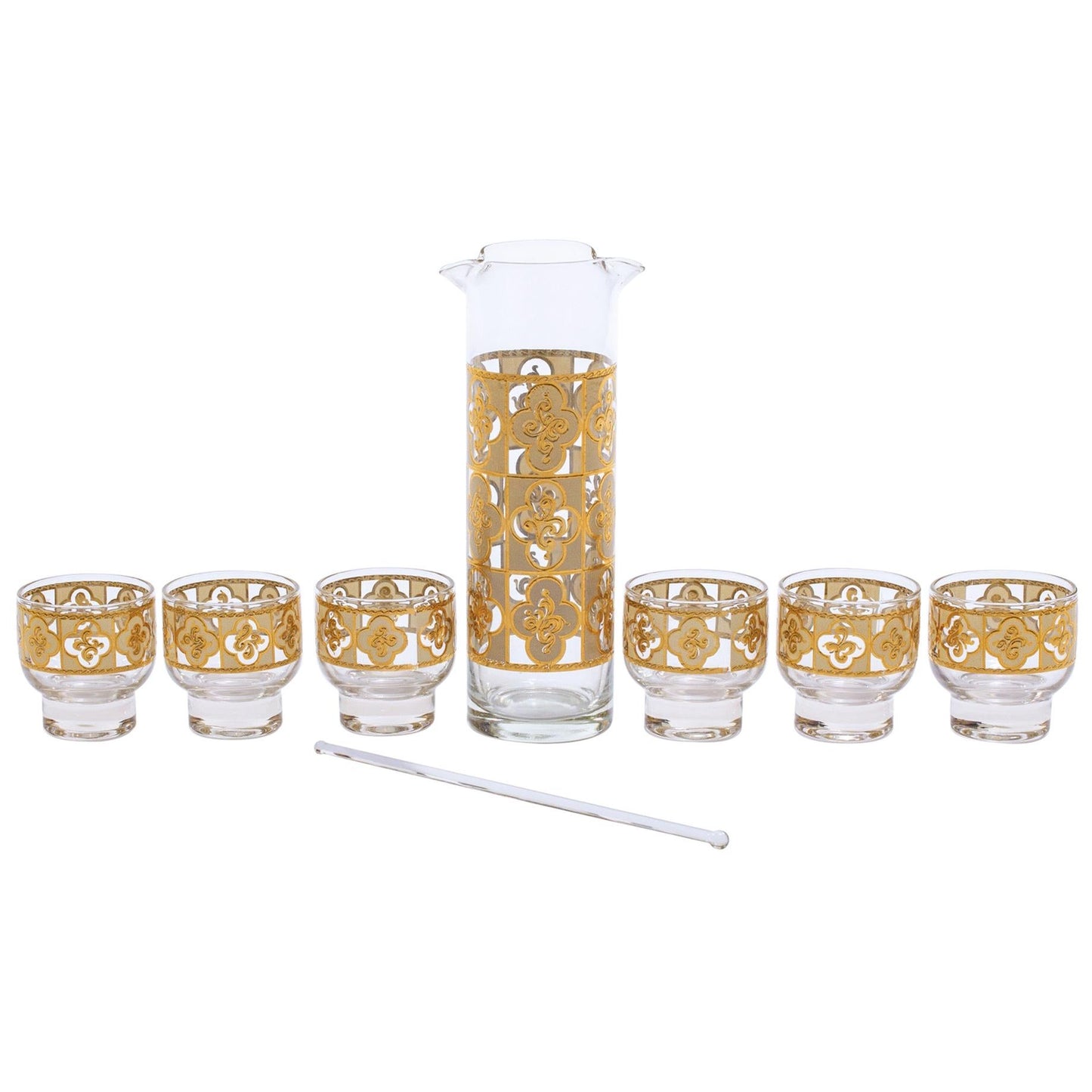 Midcentury Tudor Style 22-Karat Gold Cocktail Mixer and Set of 6 Glasses