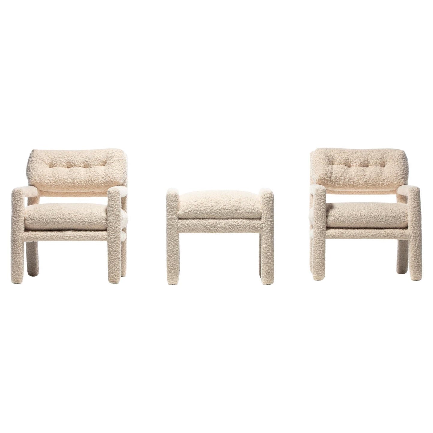 Milo Baughman Parsons Style Ivory Bouclé Chairs with en suite Ottoman c. 1970s