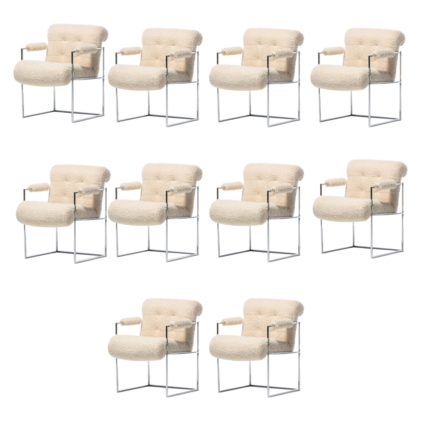 Milo Baughman Set of 10 Chrome Dining Chairs in Ivory Bouclé, circa 1975