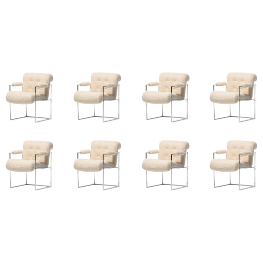 Milo Baughman Set of 8 Chrome Dining Chairs in Ivory Boucle, circa 1975