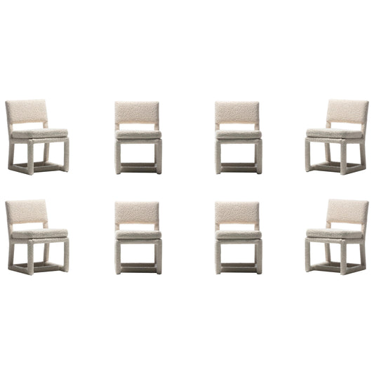 Milo Baughman Set of 8 Parsons Dining Chairs in Ivory Bouclé by Thayer Coggin