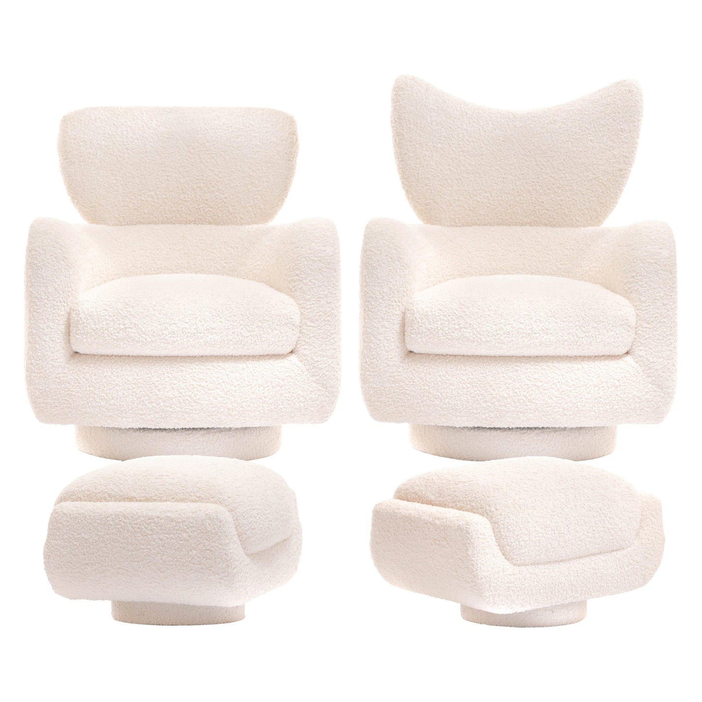 Mom & Pop Pair Vladimir Kagan Wingback Swivel Chairs & Ottomans in Ivory Bouclé