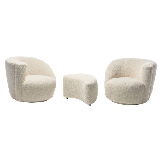 PAIR OF VLADIMIR KAGAN NAUTILUS SWIVEL LOUNGE CHAIRS AND OTTOMAN IN IVORY BOUCLÉ