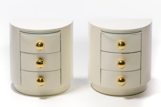 Post Modern Ivory Lacquered Night Stands with Dramatic Polished Brass Hardware