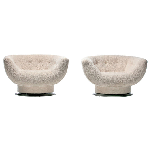 Pair of Adrian Pearsall Attributed Swivel Lounge Chairs in Ivory Bouclé