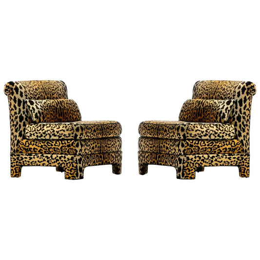 Pair of Billy Baldwin Regency Style Leopard Velvet Slipper Chairs, c. 1970s