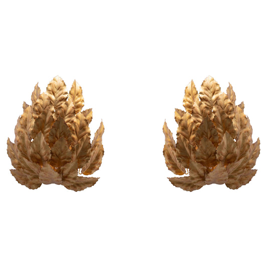 Pair of Hollywood Regency Gilt Holy Leaf Bouquet Themed Sconces, c. 1965