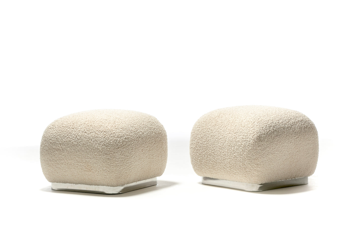 Pair of Ivory Bouclé Karl Springer Style Modern Soufflé Poufs Ottomans