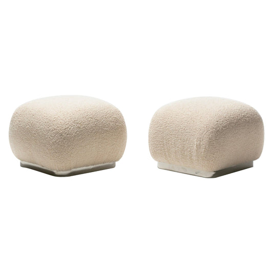 Pair of Ivory Bouclé Karl Springer Style Post Modern Soufflé Poufs Ottomans