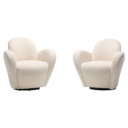 Pair of Michael Wolk Swivel Lounge Chairs in Ivory Bouclé