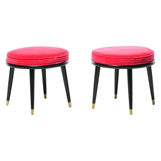 Pair of Mid Century Stools with Schiaparelli Pink Velvet Seats & Brass Sabots