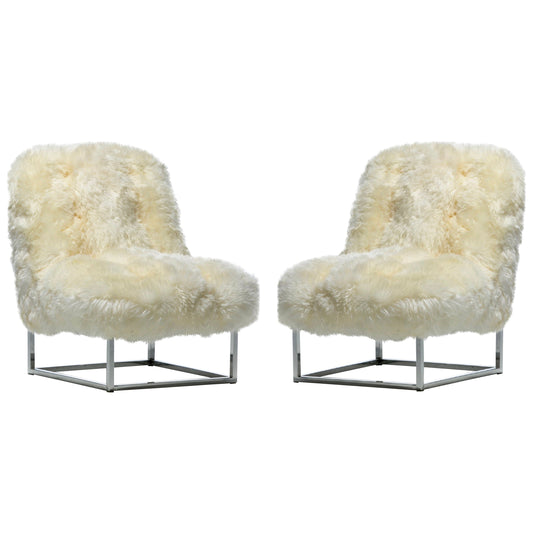 Pair of Milo Baughman Style Sheepskin & Chrome Slipper Chairs c. 1970s