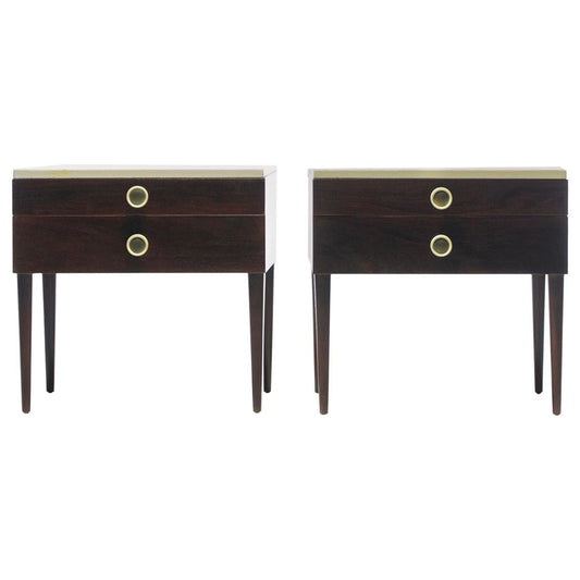 Pair of Paul Frankl Cork Top Nightstands or End Tables in Dark Walnut and Ivory