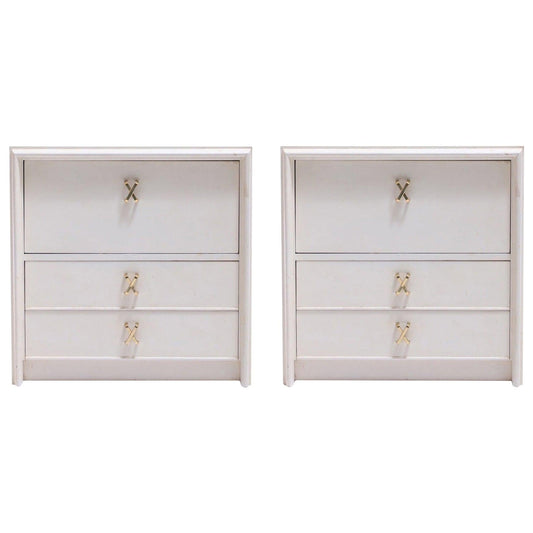 Pair of Paul Frankl Ivory Lacquered Nightstands with Brass X Pulls, circa 1950