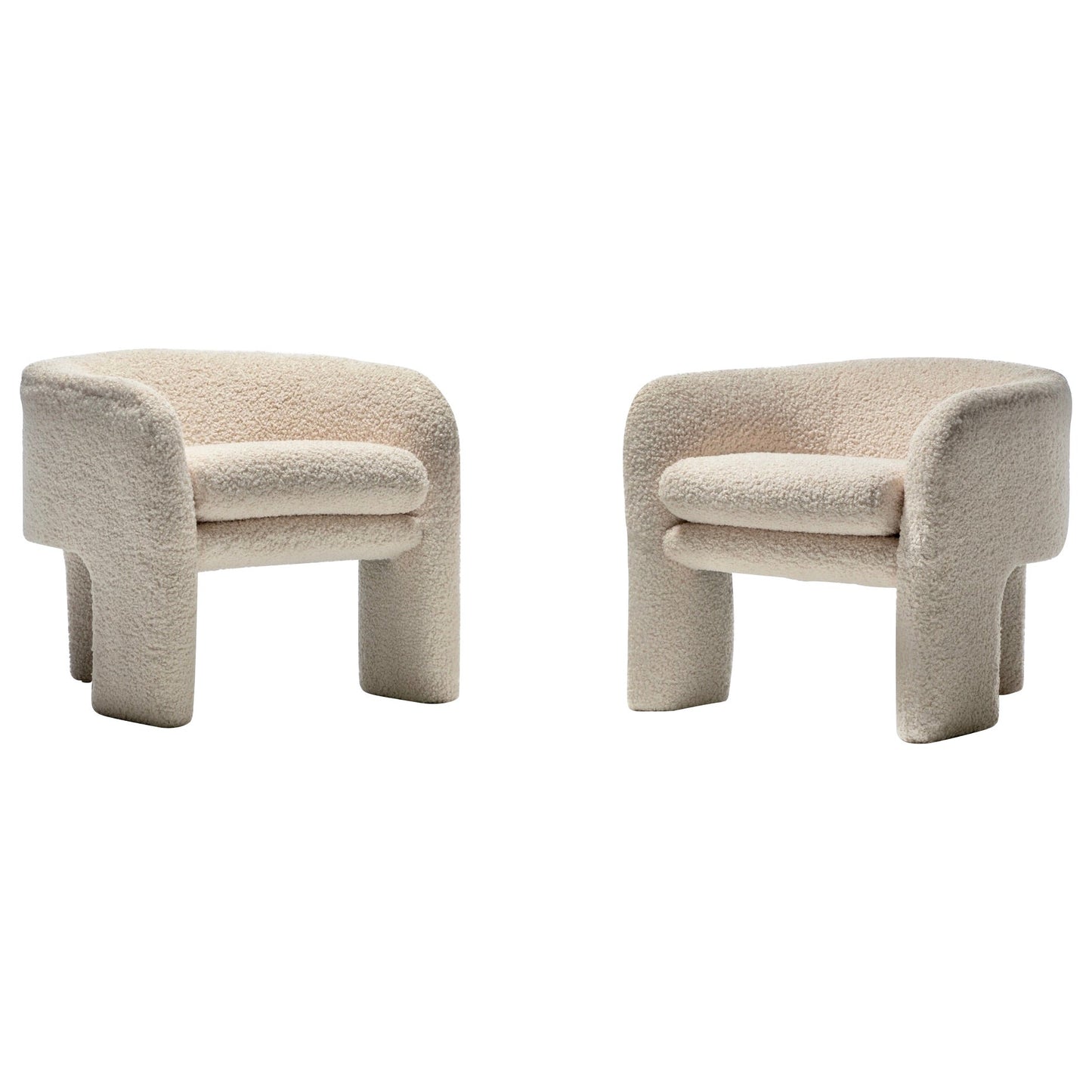 Pair of Preview Tri Leg Post Modern Armchairs Newly Upholstered in Ivory Bouclé