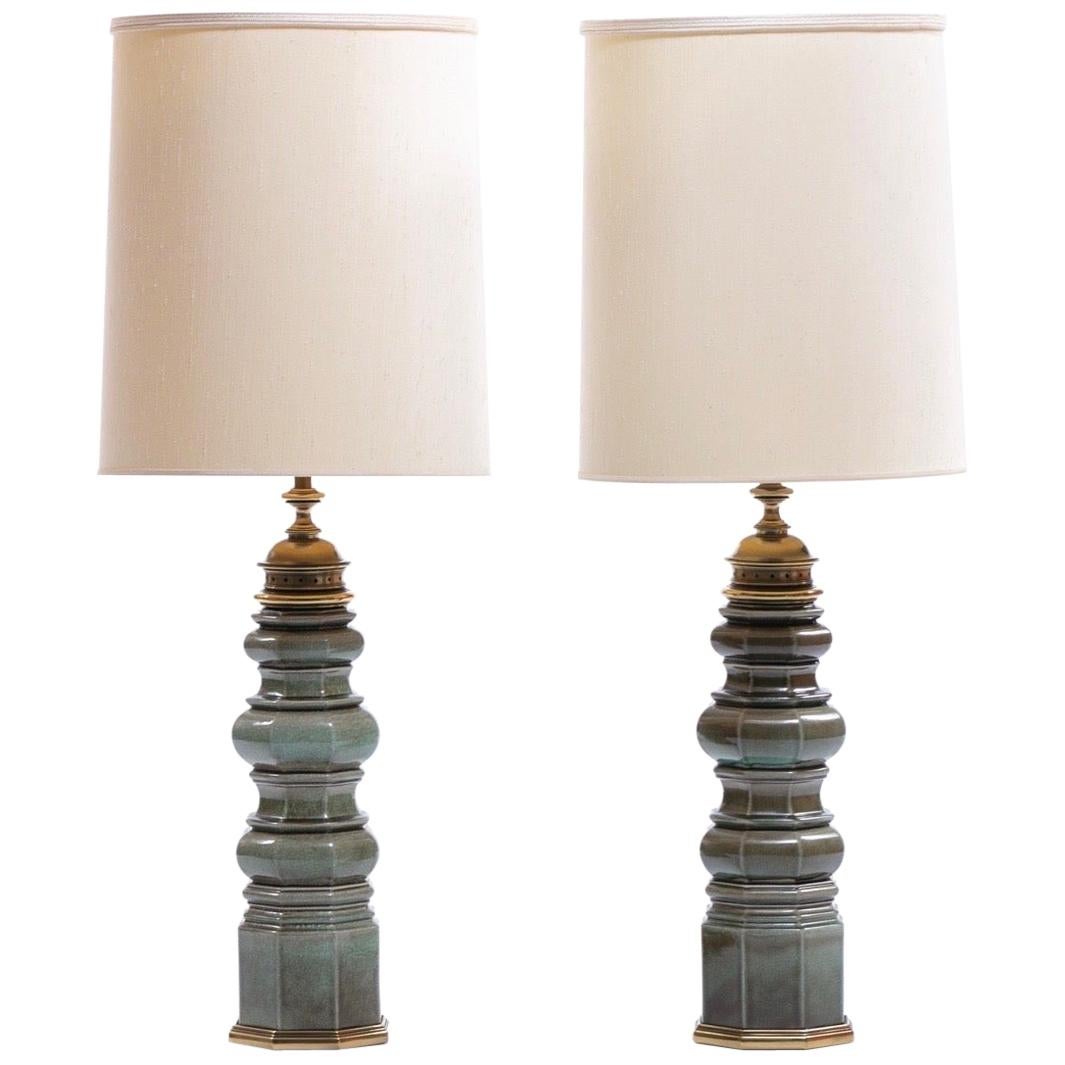 Pair of Stiffel Green Crackle Glazed Ceramic Pagoda Style Tall Lamps, circa 1960