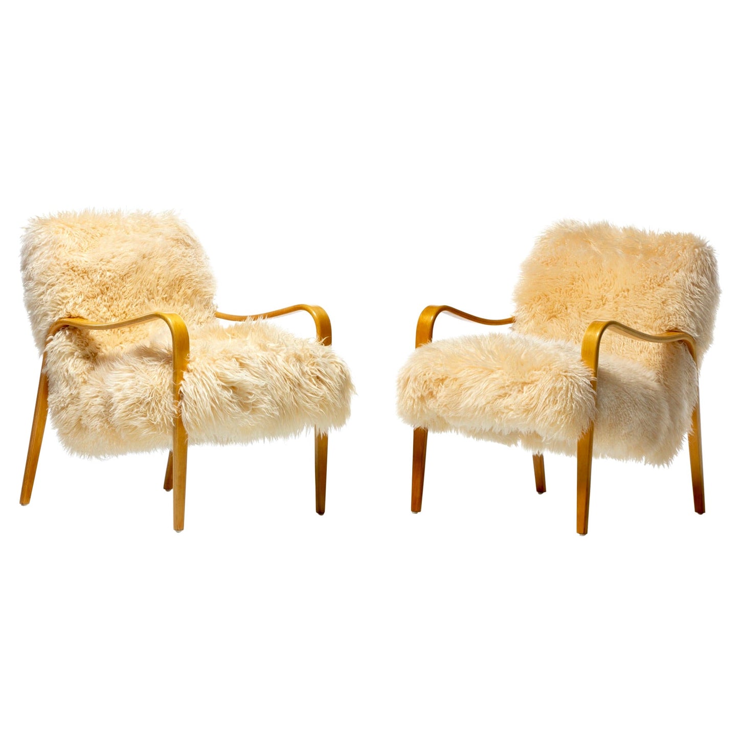 Pair of Vanilla Creme Sheepskin Lounge Chairs with Bentwood Arms by Thonet