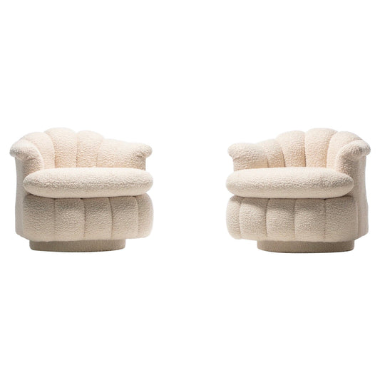 Post Modern Ivory White Bouclé Clam Shell Swivel Lounge Chairs