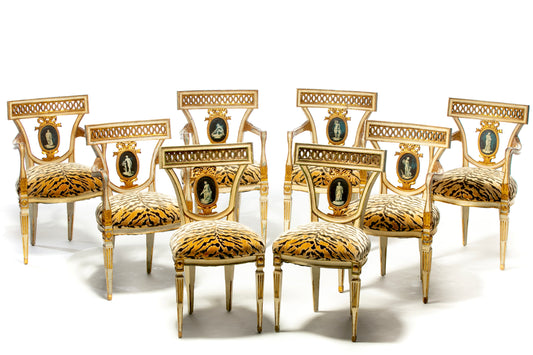 Set of 8 Italian Neoclassical Dining Chairs with Painted Murals & Tiger Velvet