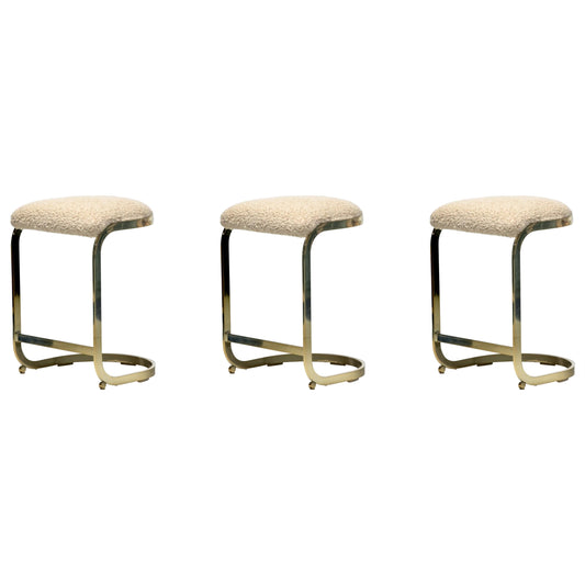 Set of 3 Design Institute of America Brass Stools in Ivory White Bouclé, c. 1980