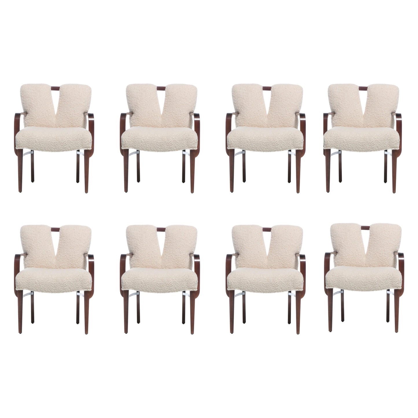 Set of 8 Paul Frankl Corset Back Dining Armchairs in Ivory White Bouclé, c. 1950