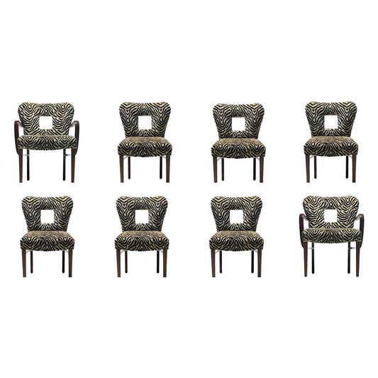 Set of 8 Paul Frankl Dining Chairs in Zebra Cut Velvet with Gold Brocade c. 1950